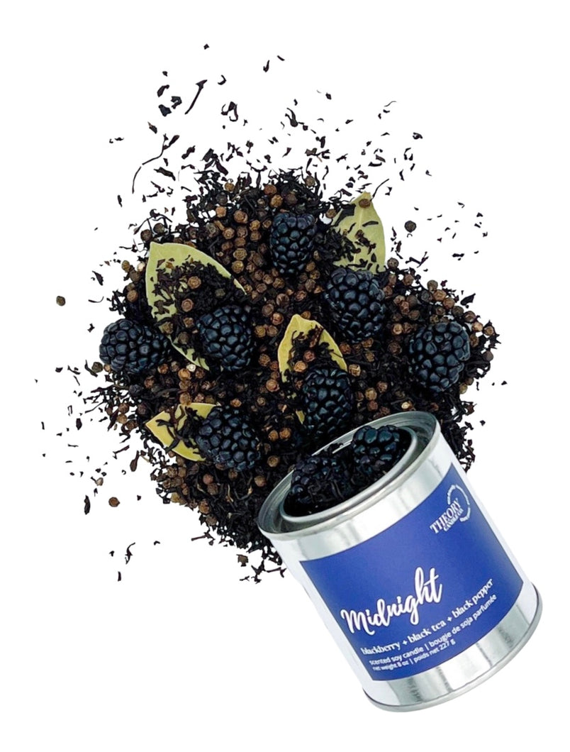Theory Candle Co. Midnight Scented Soy Candle with Blackberries Black Tea Leaves and Black peppercorns
